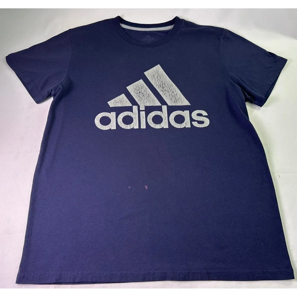 Adidas The Go-To Performance Tee Navy Blue Distressed‎ Logo Shirt Men's Large L